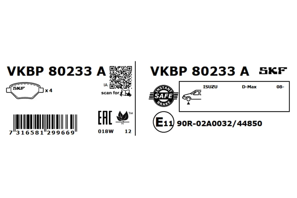VKBP 80233 A SKF Комплект тормозных колодок, дисковый тормоз (фото 3)