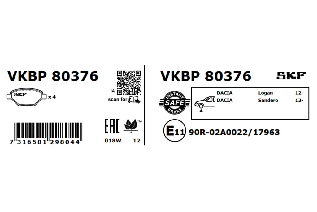 VKBP 80376 SKF Комплект тормозных колодок, дисковый тормоз (фото 2)