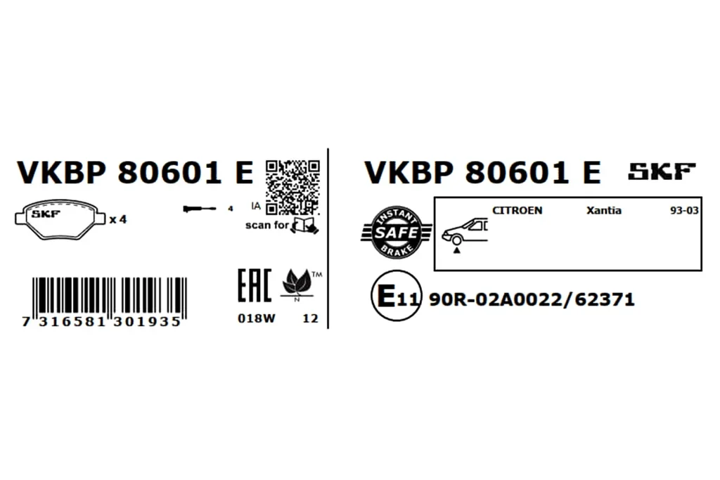 VKBP 80601 E SKF Комплект тормозных колодок, дисковый тормоз (фото 3)