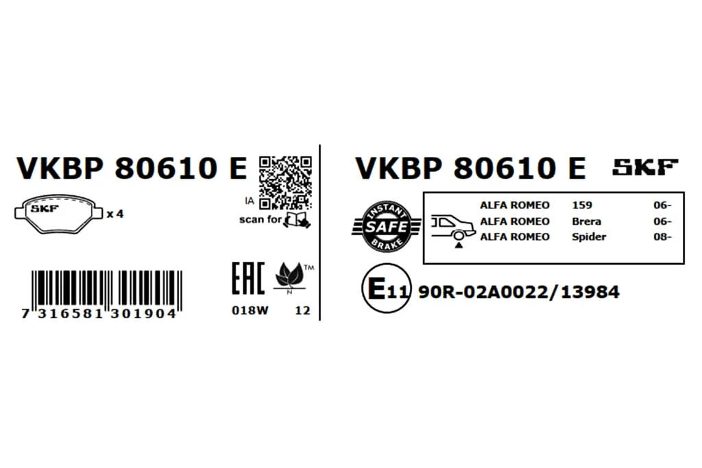VKBP 80610 E SKF Комплект тормозных колодок, дисковый тормоз (фото 3)