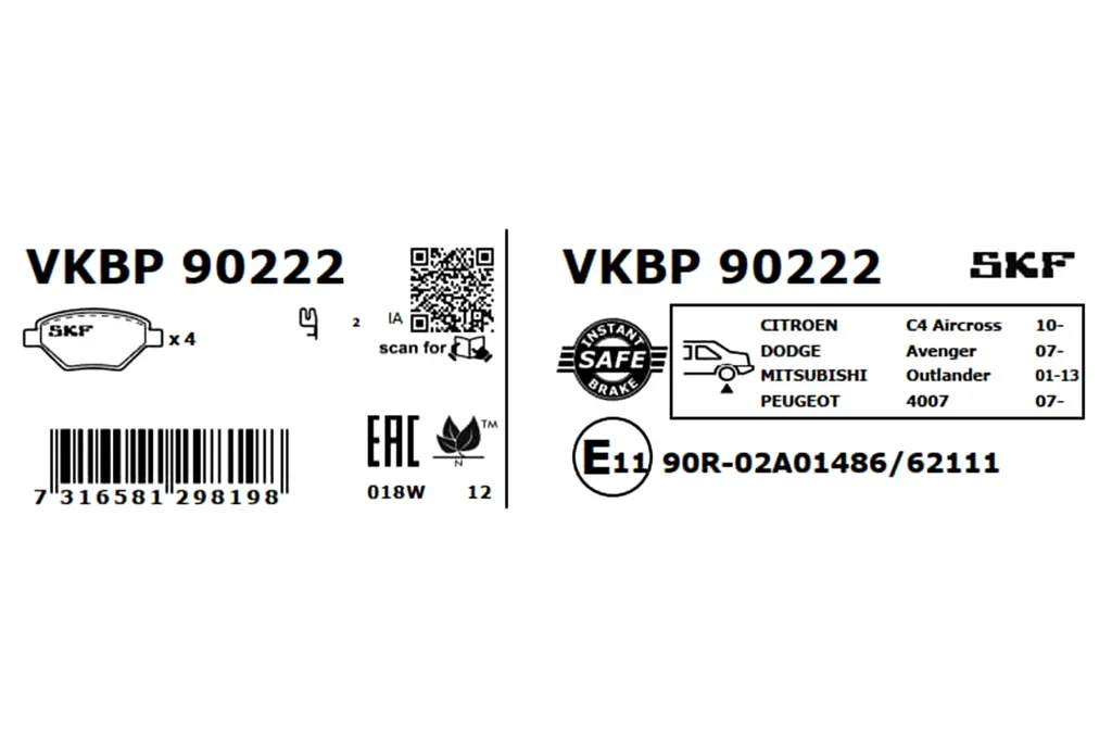 VKBP 90222 SKF Комплект тормозных колодок, дисковый тормоз (фото 1)