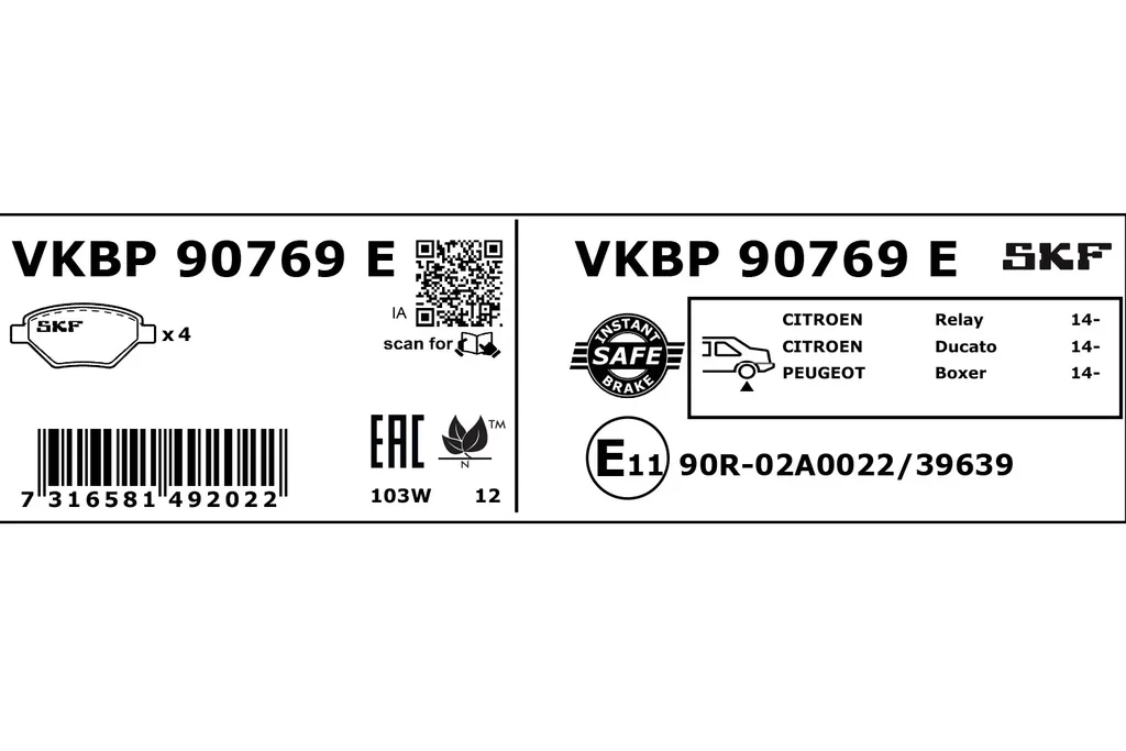 VKBP 90769 E SKF Комплект тормозных колодок, дисковый тормоз (фото 1)