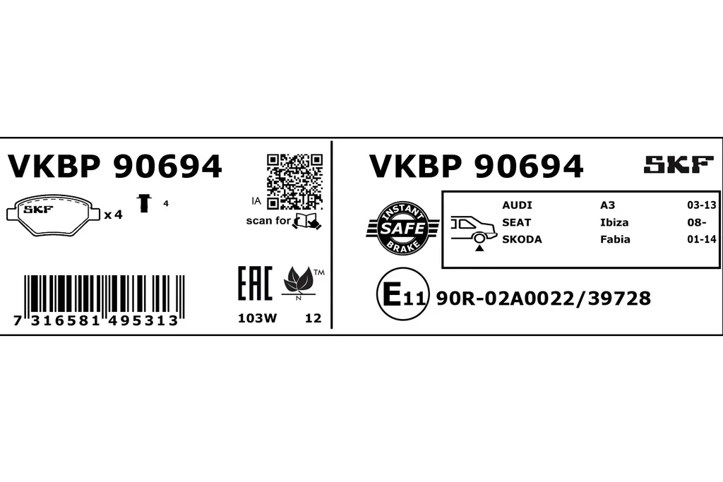 VKBP 90694 SKF Комплект тормозных колодок, дисковый тормоз (фото 1)