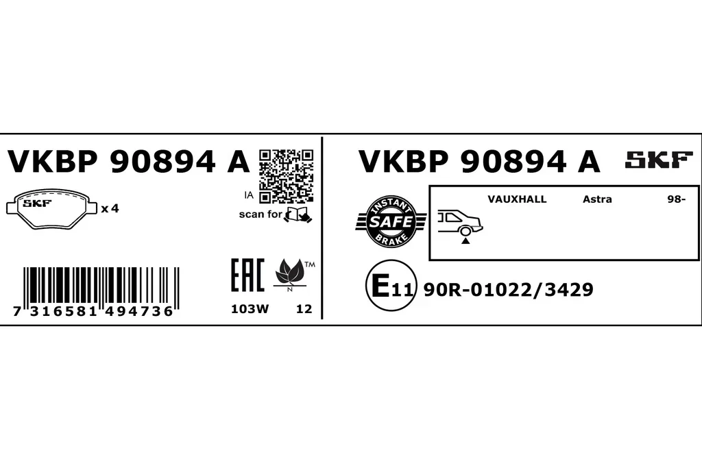 VKBP 90894 A SKF Комплект тормозных колодок, дисковый тормоз (фото 1)