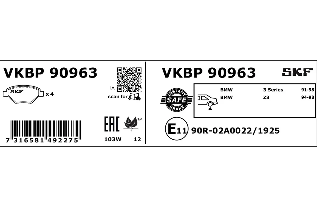 VKBP 90963 SKF Комплект тормозных колодок, дисковый тормоз (фото 1)