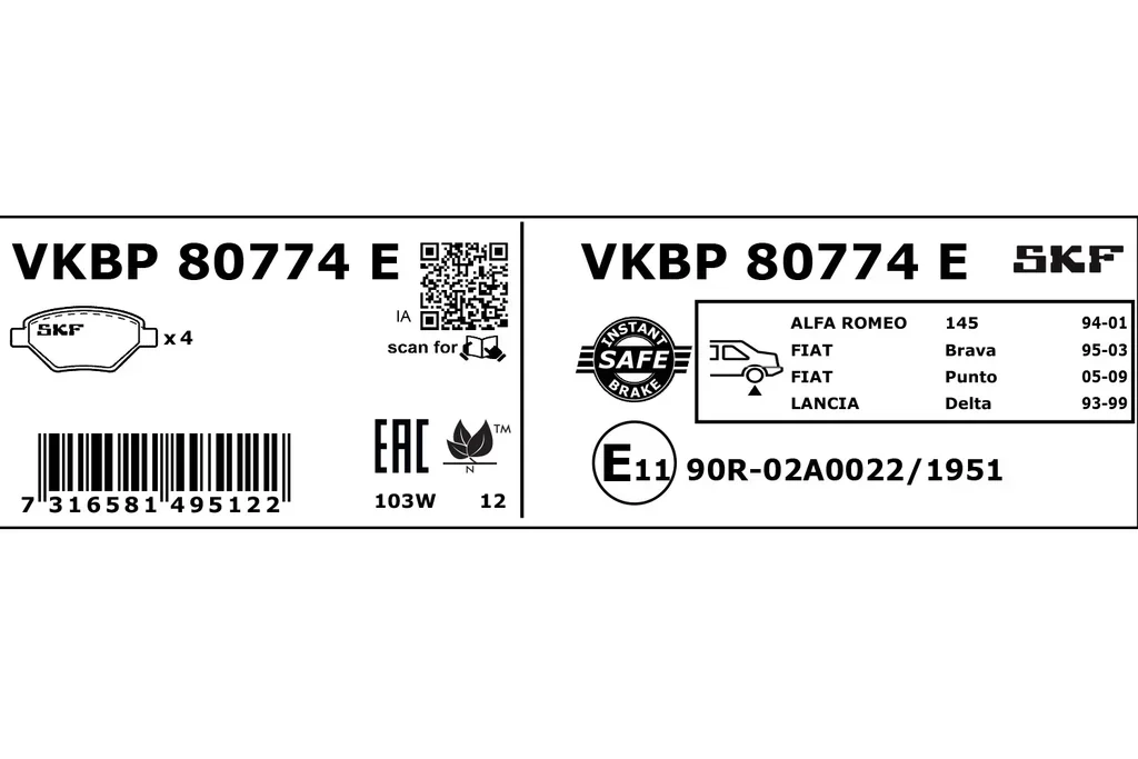 VKBP 80774 E SKF Комплект тормозных колодок, дисковый тормоз (фото 1)