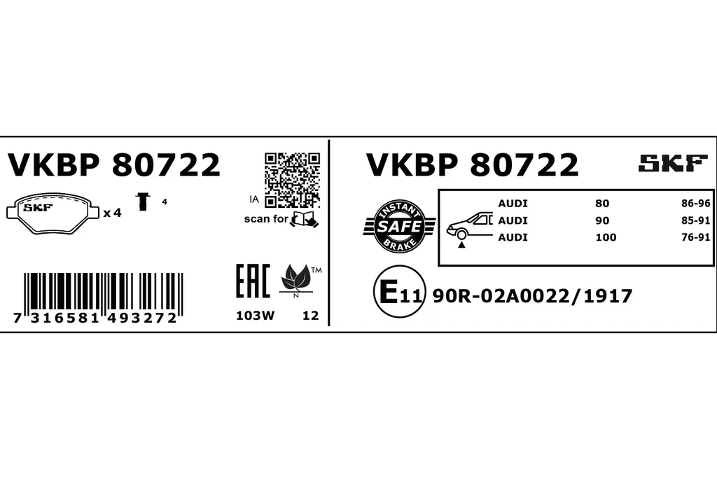 VKBP 80722 SKF Комплект тормозных колодок, дисковый тормоз (фото 1)
