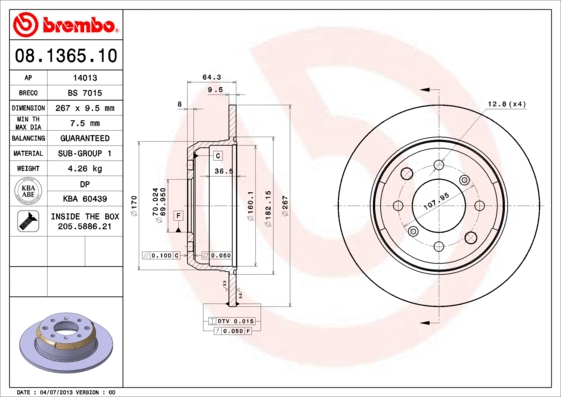 08.1365.10 BREMBO Тормозной диск (фото 1)