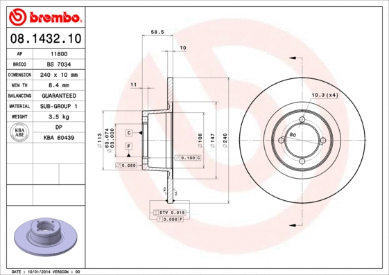 08.1432.10 BREMBO Тормозной диск (фото 1)