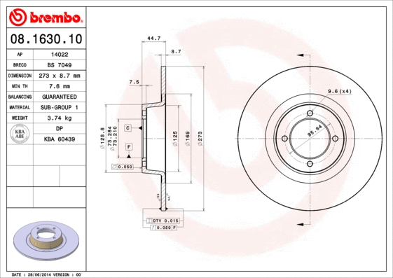 08.1630.10 BREMBO Тормозной диск (фото 1)