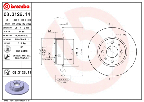 08.3126.14 BREMBO Тормозной диск (фото 1)