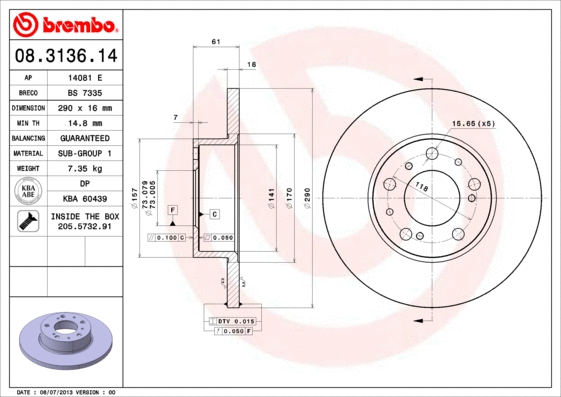 08.3136.14 BREMBO Тормозной диск (фото 1)