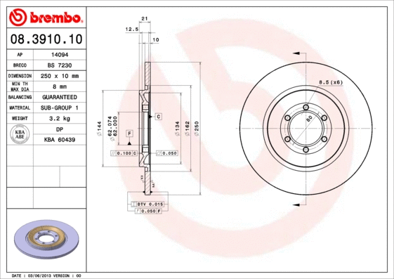 08.3910.10 BREMBO Тормозной диск (фото 1)