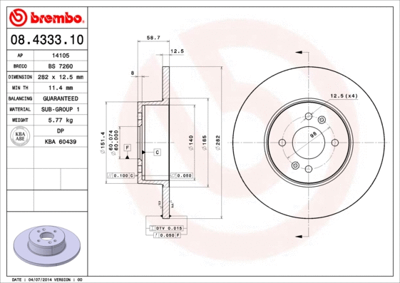 08.4333.10 BREMBO Тормозной диск (фото 1)