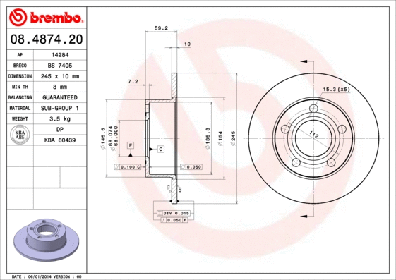 08.4874.20 BREMBO Тормозной диск (фото 1)