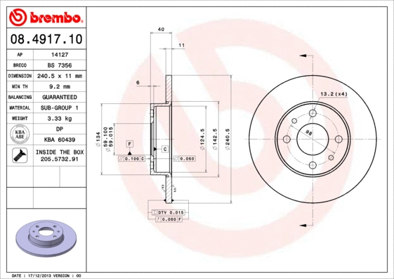 08.4917.10 BREMBO Тормозной диск (фото 1)