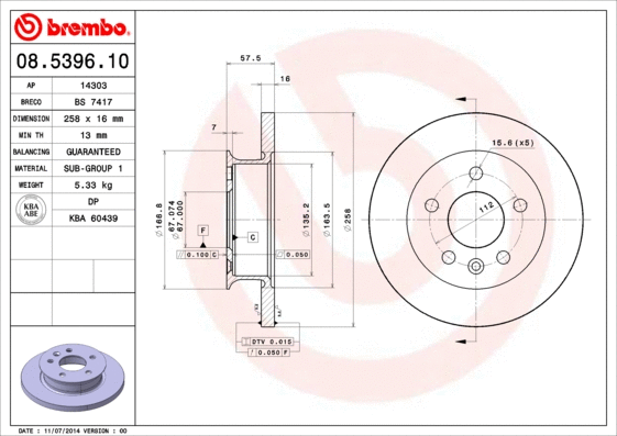 08.5396.10 BREMBO Тормозной диск (фото 1)