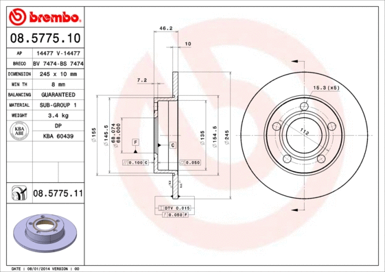 08.5775.11 BREMBO Тормозной диск (фото 1)