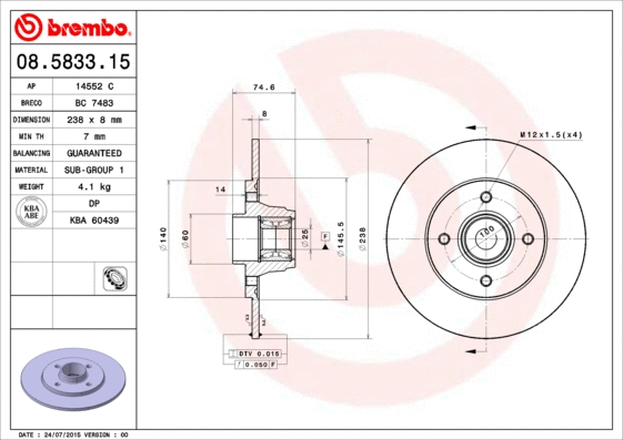 08.5833.15 BREMBO Тормозной диск (фото 1)