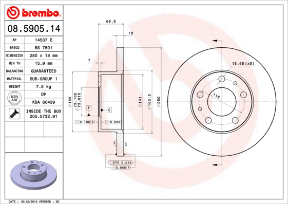 08.5905.14 BREMBO Тормозной диск (фото 1)