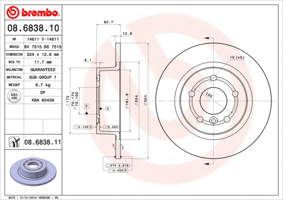 08.6838.10 BREMBO Тормозной диск (фото 1)