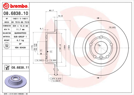 08.6838.11 BREMBO Тормозной диск (фото 1)