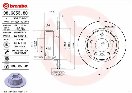 08.6853.81 BREMBO Тормозной диск (фото 1)