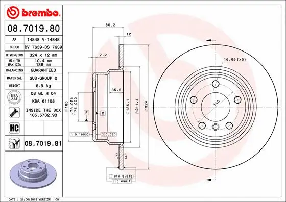 08.7019.80 BREMBO Тормозной диск (фото 1)