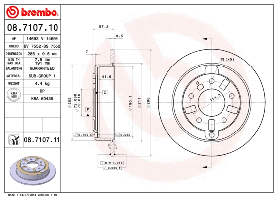 08.7107.11 BREMBO Тормозной диск (фото 1)