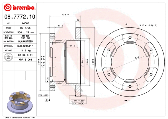 08.7772.10 BREMBO Тормозной диск (фото 1)