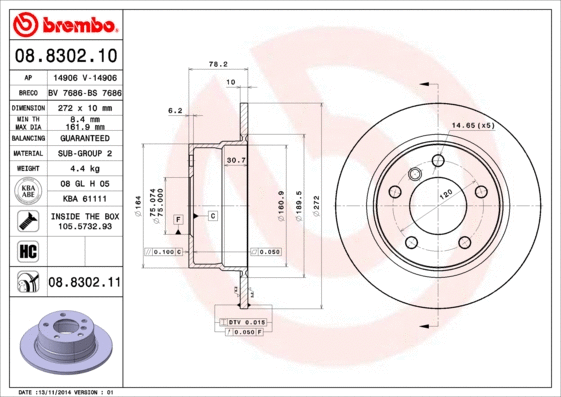 08.8302.11 BREMBO Тормозной диск (фото 1)
