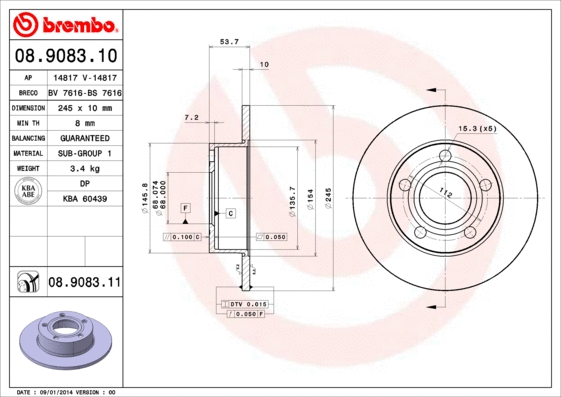 08.9083.10 BREMBO Тормозной диск (фото 1)