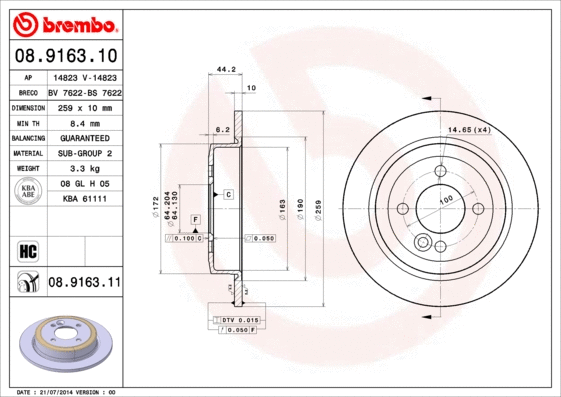 08.9163.10 BREMBO Тормозной диск (фото 1)