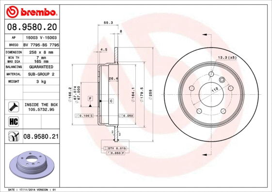 08.9580.20 BREMBO Тормозной диск (фото 1)