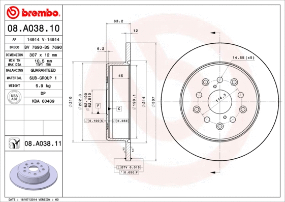 08.A038.10 BREMBO Тормозной диск (фото 1)