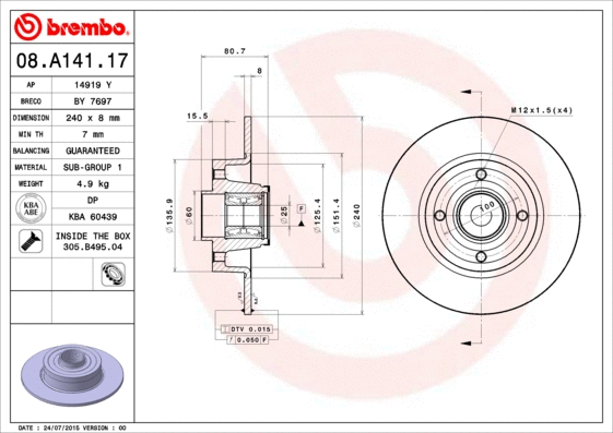 08.A141.17 BREMBO Тормозной диск (фото 1)