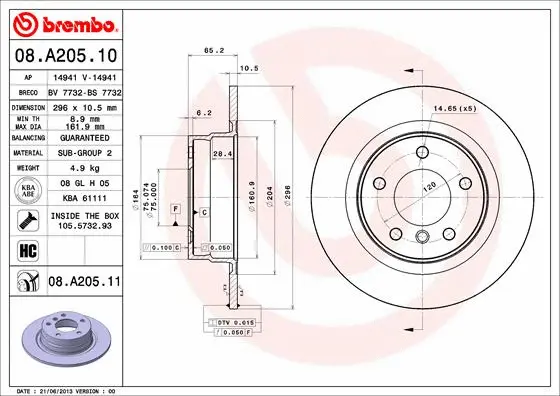 08.A205.11 BREMBO Тормозной диск (фото 1)