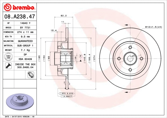 08.A238.47 BREMBO Тормозной диск (фото 1)