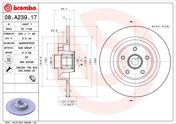 08.A239.17 BREMBO Тормозной диск (фото 1)