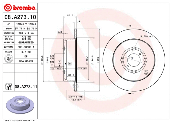 08.A273.10 BREMBO Тормозной диск (фото 1)