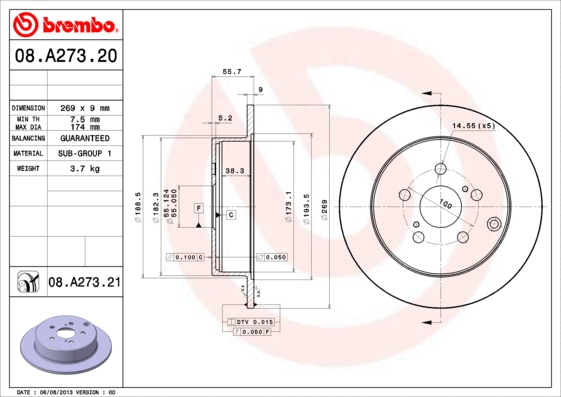 08.A273.21 BREMBO Тормозной диск (фото 1)