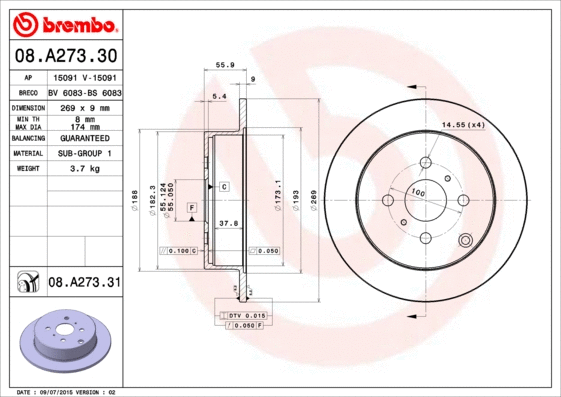 08.A273.31 BREMBO Тормозной диск (фото 1)