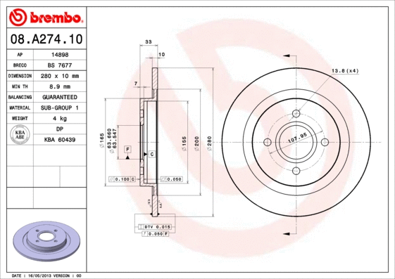 08.A274.10 BREMBO Тормозной диск (фото 1)