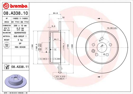08.A338.10 BREMBO Тормозной диск (фото 1)