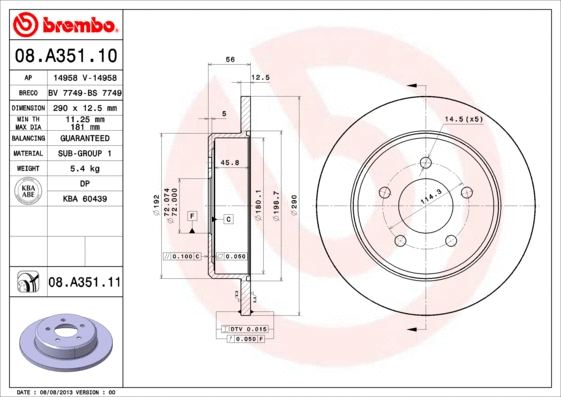 08.A351.10 BREMBO Тормозной диск (фото 1)