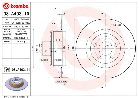 08.A403.11 BREMBO Тормозной диск (фото 1)