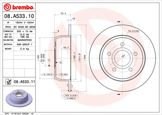 08.A533.11 BREMBO Тормозной диск (фото 1)