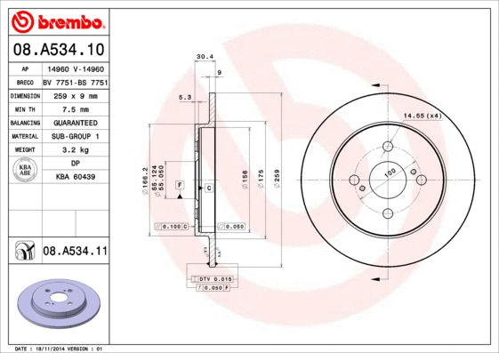 08.A534.10 BREMBO Тормозной диск (фото 1)