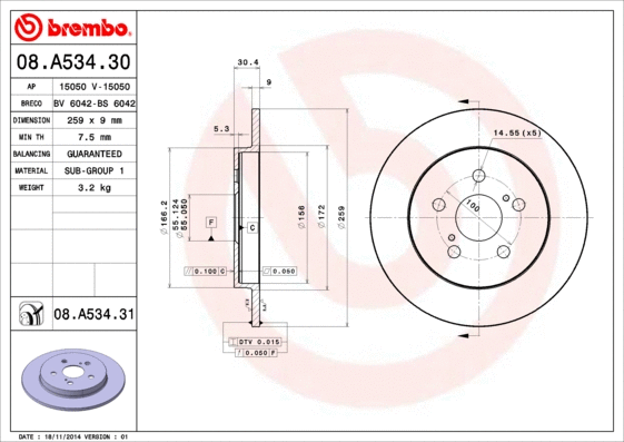 08.A534.31 BREMBO Тормозной диск (фото 1)