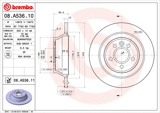 08.A536.10 BREMBO Тормозной диск (фото 1)